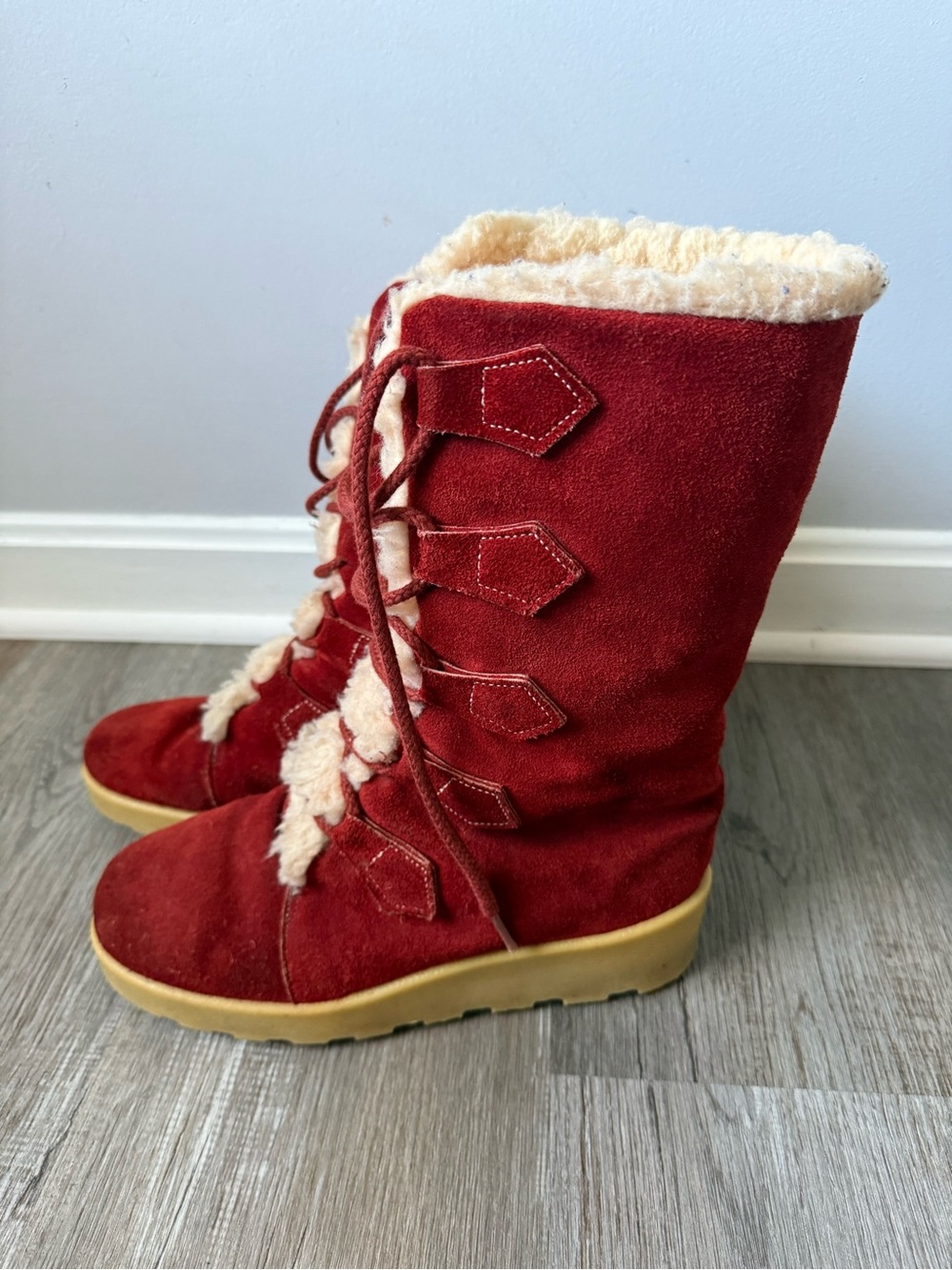 Vintage 70s Leather Sherpa Wedge Chunky Eskimo Boots Red Teddy Winter Boots 8